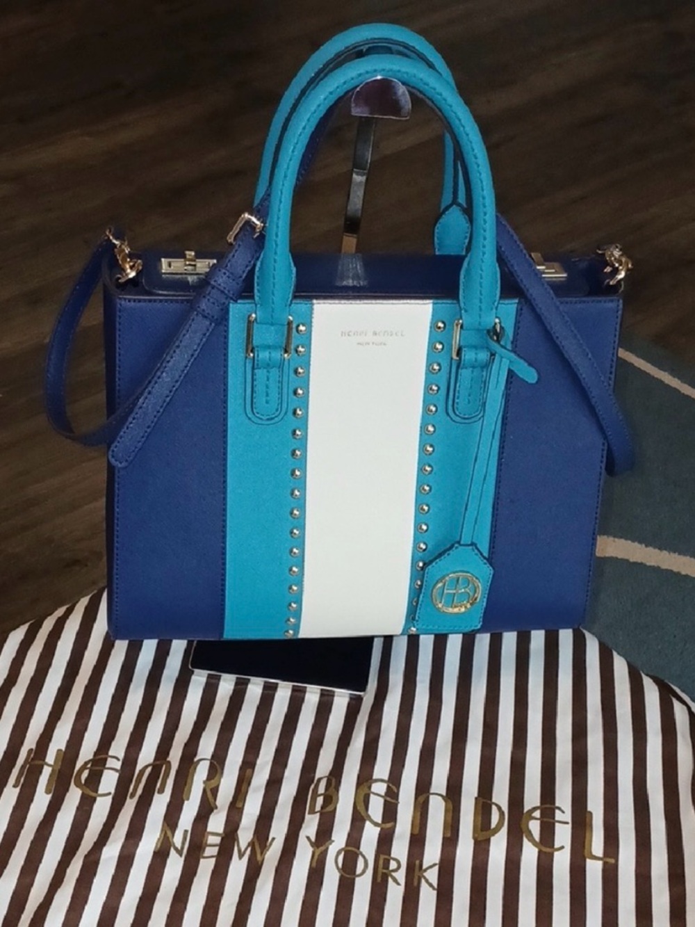 Henri Bendel Carlyle Blue, Teal & White Leather Satchel with Branded Dust NWOT